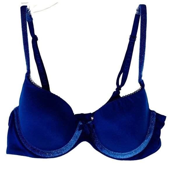 Victorias Secret Body By Victoria Blue Lined Demi Bra Sz 34B Velour Trim Glitter - Picture 1 of 11